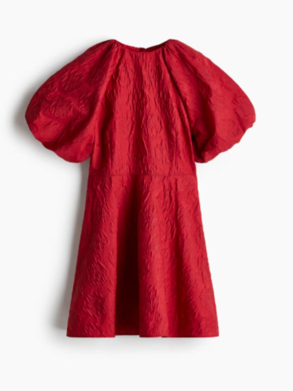 H&M Red Jacquard Weave Puff Sleeve Dress w/Bow Detail | XS